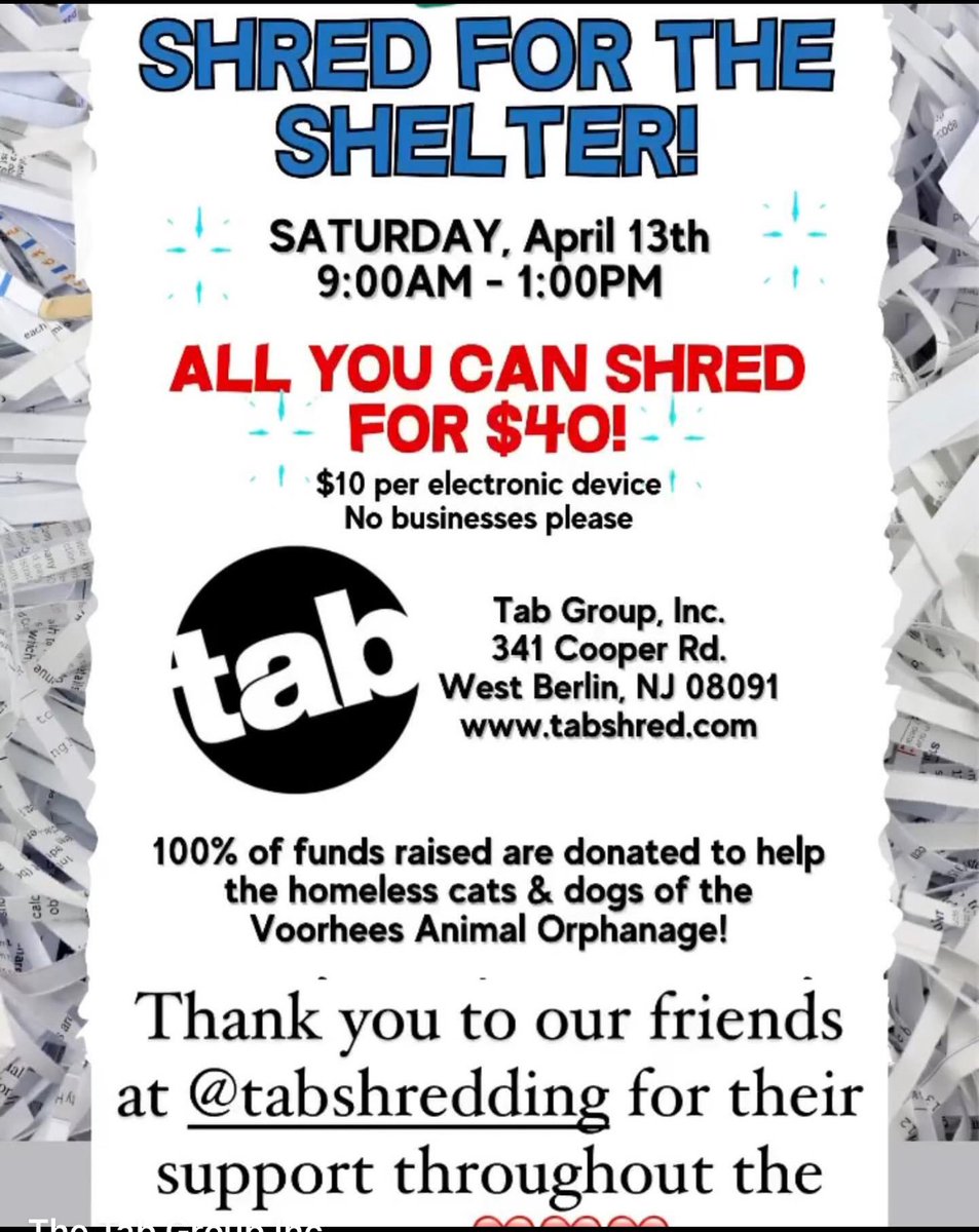 TabShredding's tweet photo. Shredding event on April 13th @vaonjorg  #papershredding @VoorheesTwp https://t.co/MU2H488rTZ