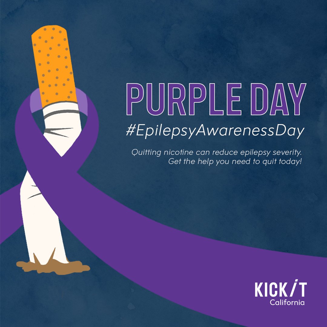 Smoking can increase the risk of seizures in people with #epilepsy. Take the first step toward a healthier life by contacting a Quit Coach today:
☎️ 800-300-8086 
💬 kickitca.org/chat
🌐 kickitca.org
#EpilepsyAwarenessDay #PurpleDay #QuitNicotine