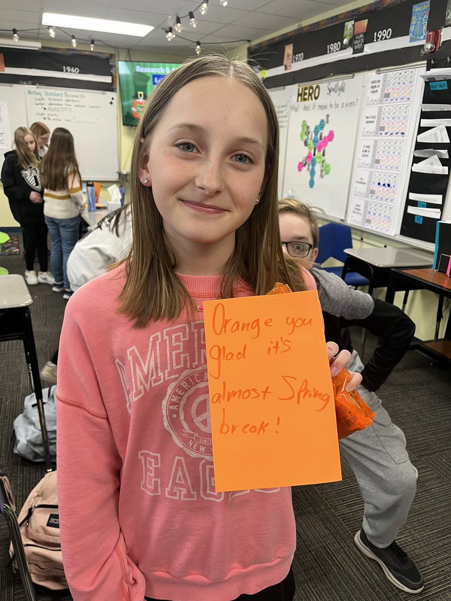 RogersRead's tweet photo. My National Elementary Honor Society made gifts to help teachers get through this last week before break.   “Orange” you glad it’s almost Spring Break 🧡🧡 https://t.co/taE4IlbB0d