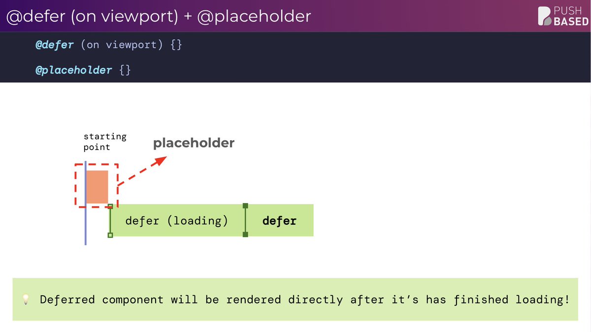 @AlyssaNicoll @PlaceHolder @loading @angular Sharing a workshop slide here 😅. (@PushBased) The loading block will be shown the moment the element is on the viewport in the example below (and the placeholder will be shown before that).