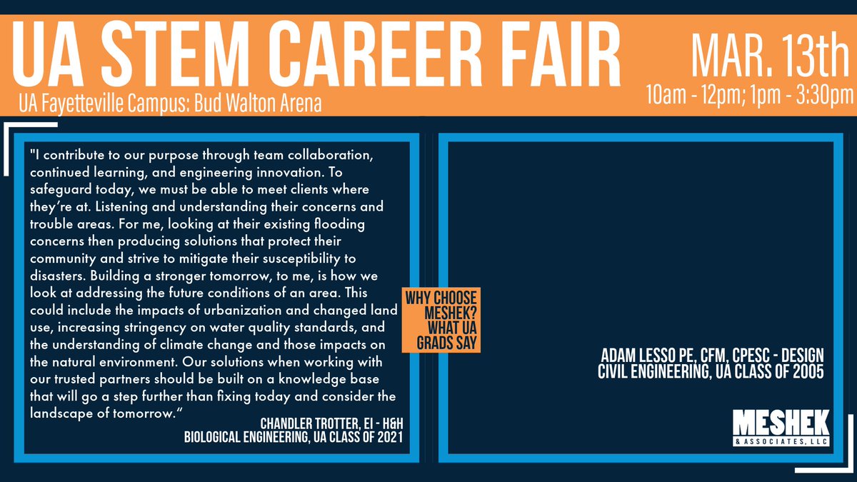 University of Arkansas! We will be on the Fayetteville campus Wednesday, March 13th for the STEM Career Fair in the Bud Walton Arena. Be sure to stop by and see why UA students choose Meshek! #Meshek #Engineering #WeAreHiring #STEMCareerFair #MeshekCareers
