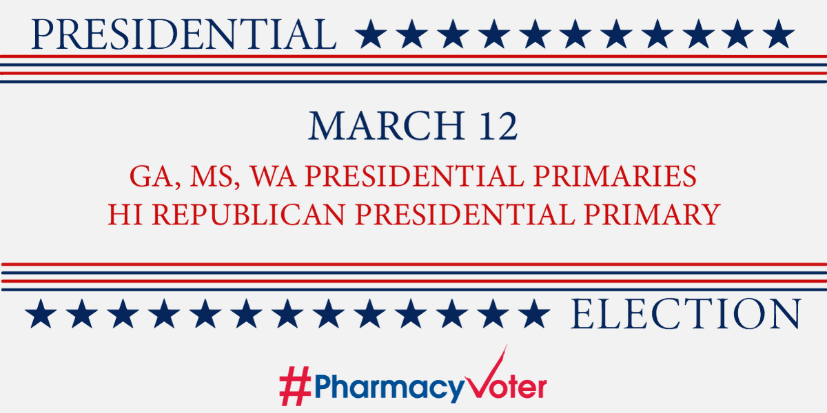 NACDS's tweet photo. 📣 Attention all voters in Georgia, Mississippi, Washington, and Republicans in Hawaii: tomorrow is your Presidential primary! Research candidates at https://t.co/pufrDZQWS2 and vote for your candidate of choice 🗳️ #RxIMPACT https://t.co/fRnfzh5DYw