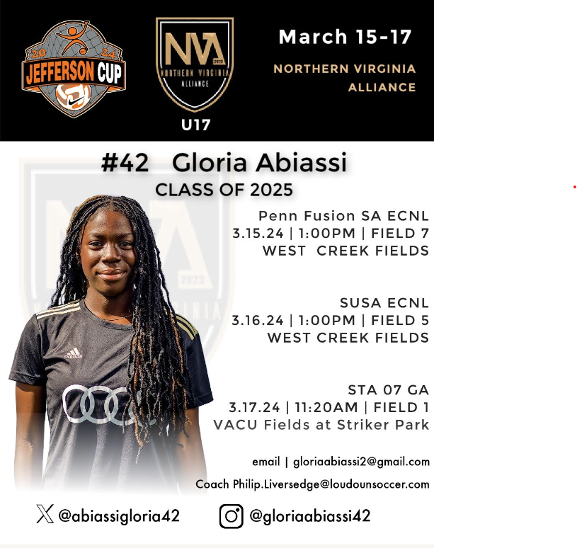 Gloria Abiassi (@abiassigloria42) on Twitter photo On the roads again this weekend for the <a href="/jeffersoncup/">Jefferson Cup</a> #showcase with <a href="/AllianceECNL07/">Northern Virginia Alliance ECNL 2007</a>. Come watch us play.
<a href="/TheSoccerWire/">SoccerWire</a> <a href="/TopDrawerSoccer/">TopDrawerSoccer</a> <a href="/AScholarsBrand/">Athletic Scholars Brand Inc.</a> <a href="/NcsaSoccer/">NCSA Soccer</a> <a href="/ImYouthSoccer/">ECNL/GA/Recruiting/College Soccer</a> <a href="/ECNLgirls/">ECNL Girls</a> @SoccerMomInt <a href="/ImCollegeSoccer/">College Soccer Truth ™</a> #uncommitted On the roads again this weekend for the <a href="/jeffersoncup/">Jefferson Cup</a> #showcase with <a href="/AllianceECNL07/">Northern Virginia Alliance ECNL 2007</a>. Come watch us play.
<a href="/TheSoccerWire/">SoccerWire</a> <a href="/TopDrawerSoccer/">TopDrawerSoccer</a> <a href="/AScholarsBrand/">Athletic Scholars Brand Inc.</a> <a href="/NcsaSoccer/">NCSA Soccer</a> <a href="/ImYouthSoccer/">ECNL/GA/Recruiting/College Soccer</a> <a href="/ECNLgirls/">ECNL Girls</a> @SoccerMomInt <a href="/ImCollegeSoccer/">College Soccer Truth ™</a> #uncommitted