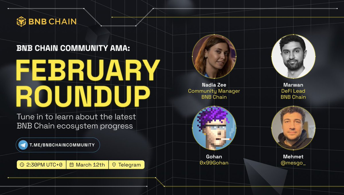 BNBCHAIN's tweet photo. Join our Telegram AMA tomorrow to read about recent updates and future plans for BNB Chain, and learn how BNB Chain is enhancing the hottest blockchain trends and narratives.

⏰ 14:30 PM UTC+0
📅 Tuesday, March 12
📍 https://t.co/LPSEX2Ul7L https://t.co/ji3PZsKnnj