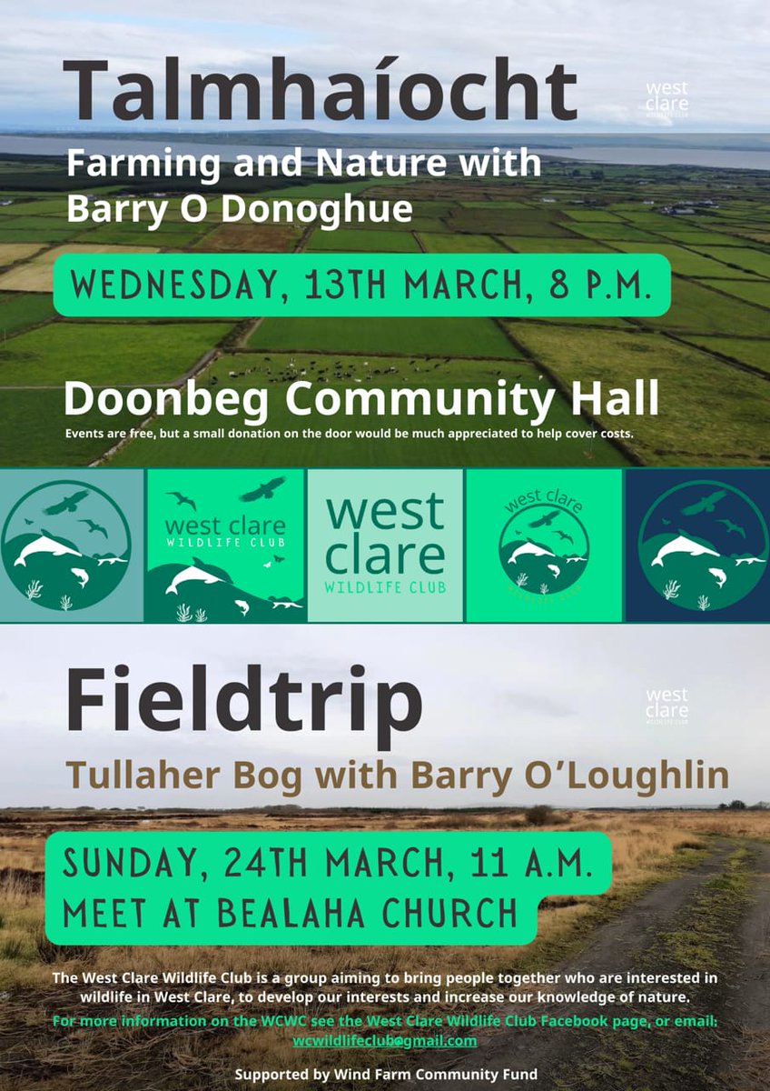 Check out these two great biodiversity talks. On Wednesday (13th of March at 8pm) Barry O 'Donoghue will give a talk at Doonbeg Community Hall on Farming and Nature. On  Sunday, 24th of March (11am), Biodiversity Officer Barry O'Loughlin will be giving a talk at Tullaher Bog