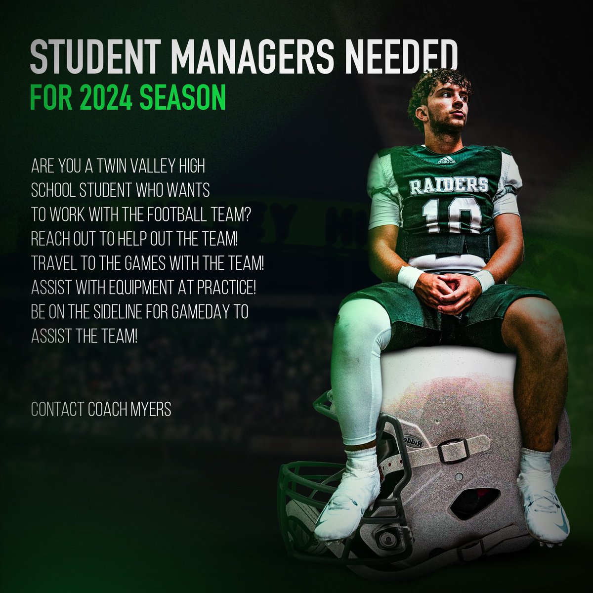 Interested in being a student manager for the football team for the 2024 season? Here’s your opportunity!! Reach out to Coach Myers! Must be a TVHS student for the 2024 season! #TPW #4TheValley