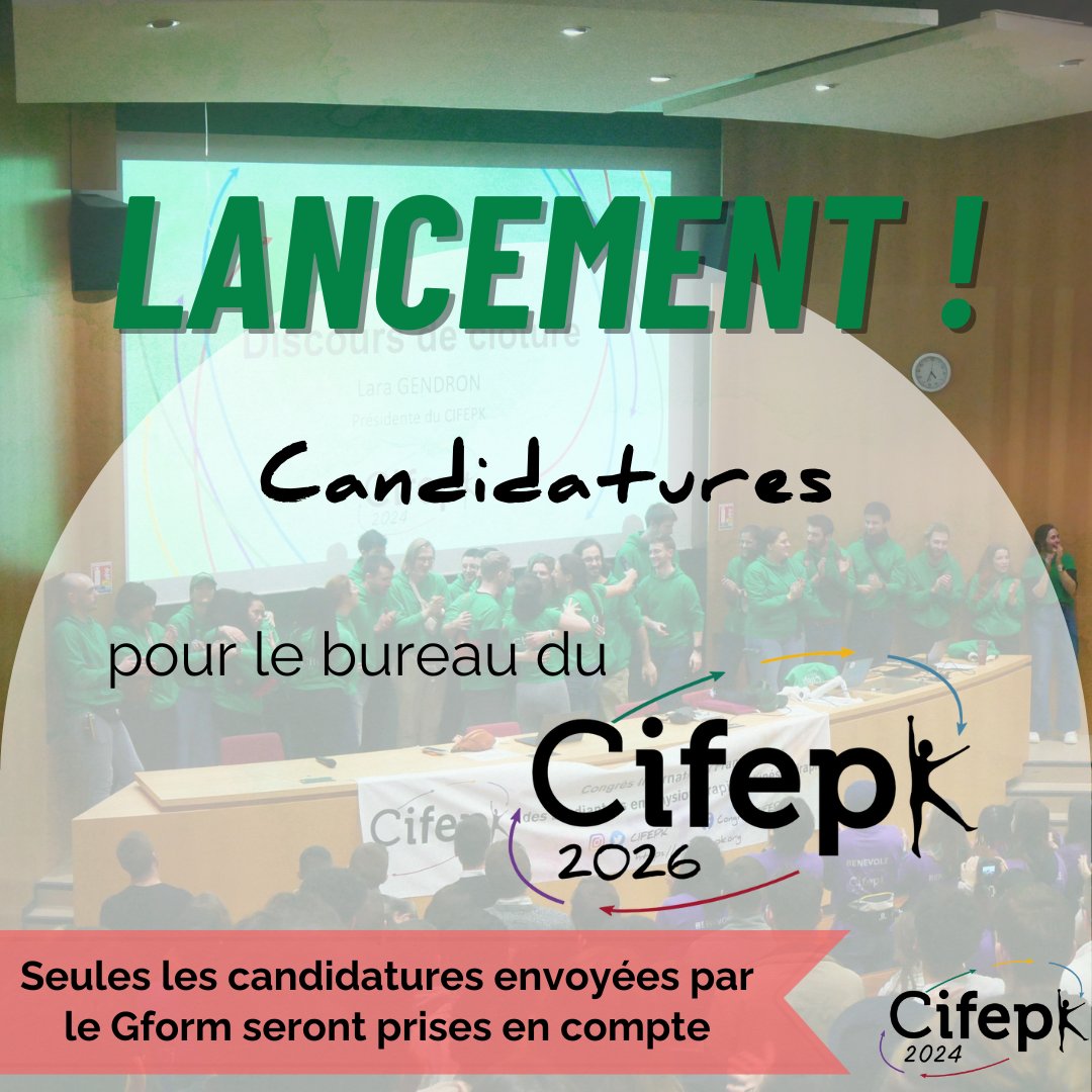 Rejoins vite l'aventure et l'histoire du CIFEPK en intégrant le bureau du CIFEPK 2026 ! 
Candidate via ce GForm : forms.gle/Vj9MHrg1UehK1u…
Fais attention, des informations importantes sont présentes sur le lien (zoom, élection...)
A très vite 
#cifepk2024 #teamkiné