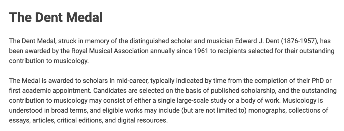 A reminder that @royalmusical has a PILE of prestigious awards that you can nominate people for. Deadlines mostly 1 April: rma.ac.uk/grants-awards/ Let's start with the Dent Medal, a mid career award for the recipient's 'outstanding contribution to musicology' 1/n