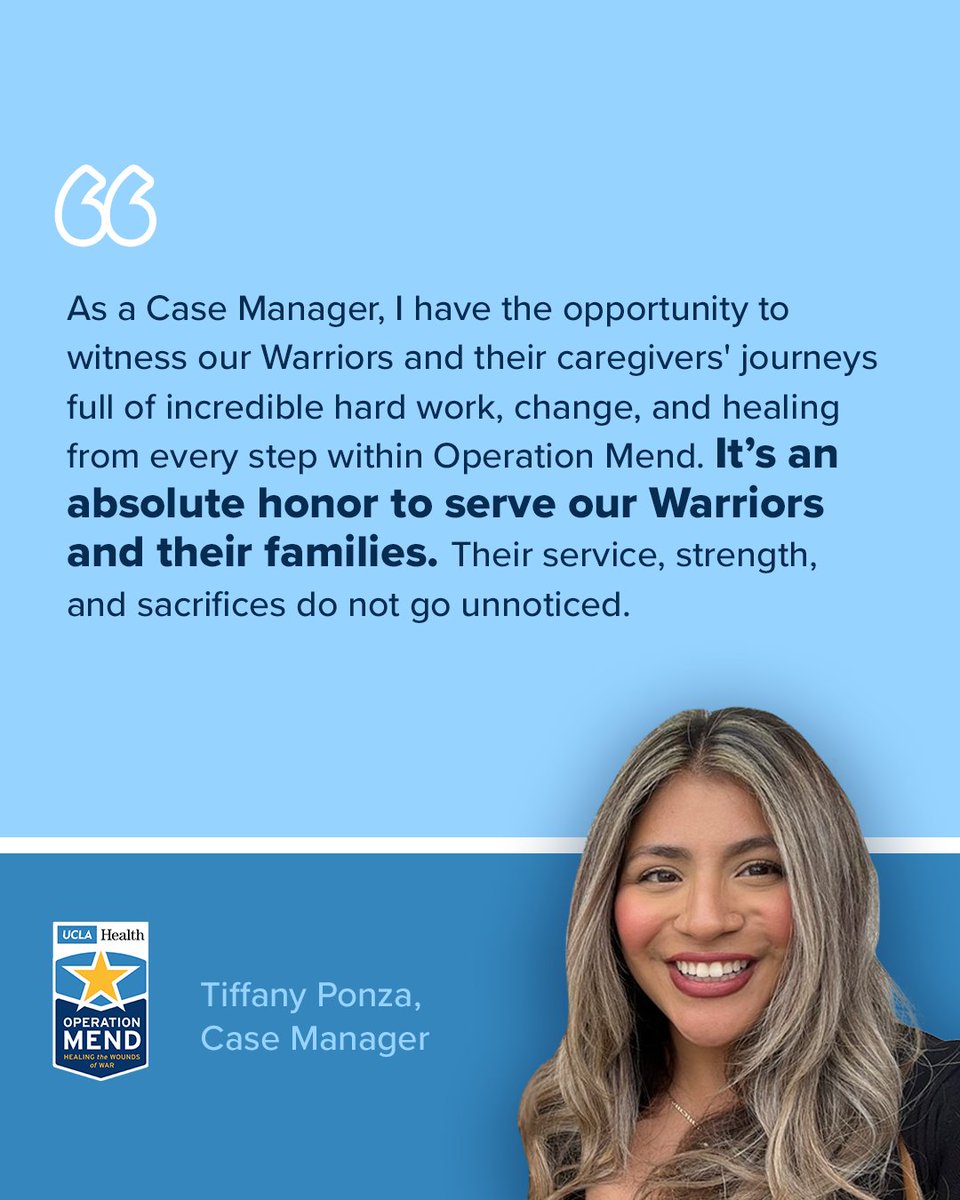 Celebrating #WomensHistoryMonth, we spotlight Tiffany Ponza, our #AllyofOpMend!🎉 As a Case Manager, Tiffany is at the heart of our Warriors' transformative journey, dedicating herself to supporting #Veterans and their families. Shoutout to our incredible women at @UCLAHealth!