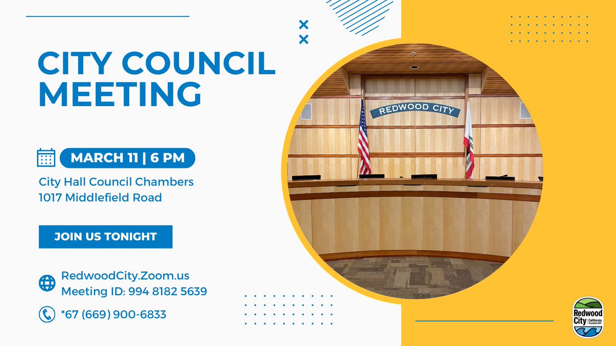 📣 Don't miss out! Join us tonight at 6 p.m. for the City Council Meeting! 

🕕 👉 To view the agenda and find out how you can participate in the City Council meeting, whether in person or virtually, visit RedwoodCity.org/CouncilMeetings.