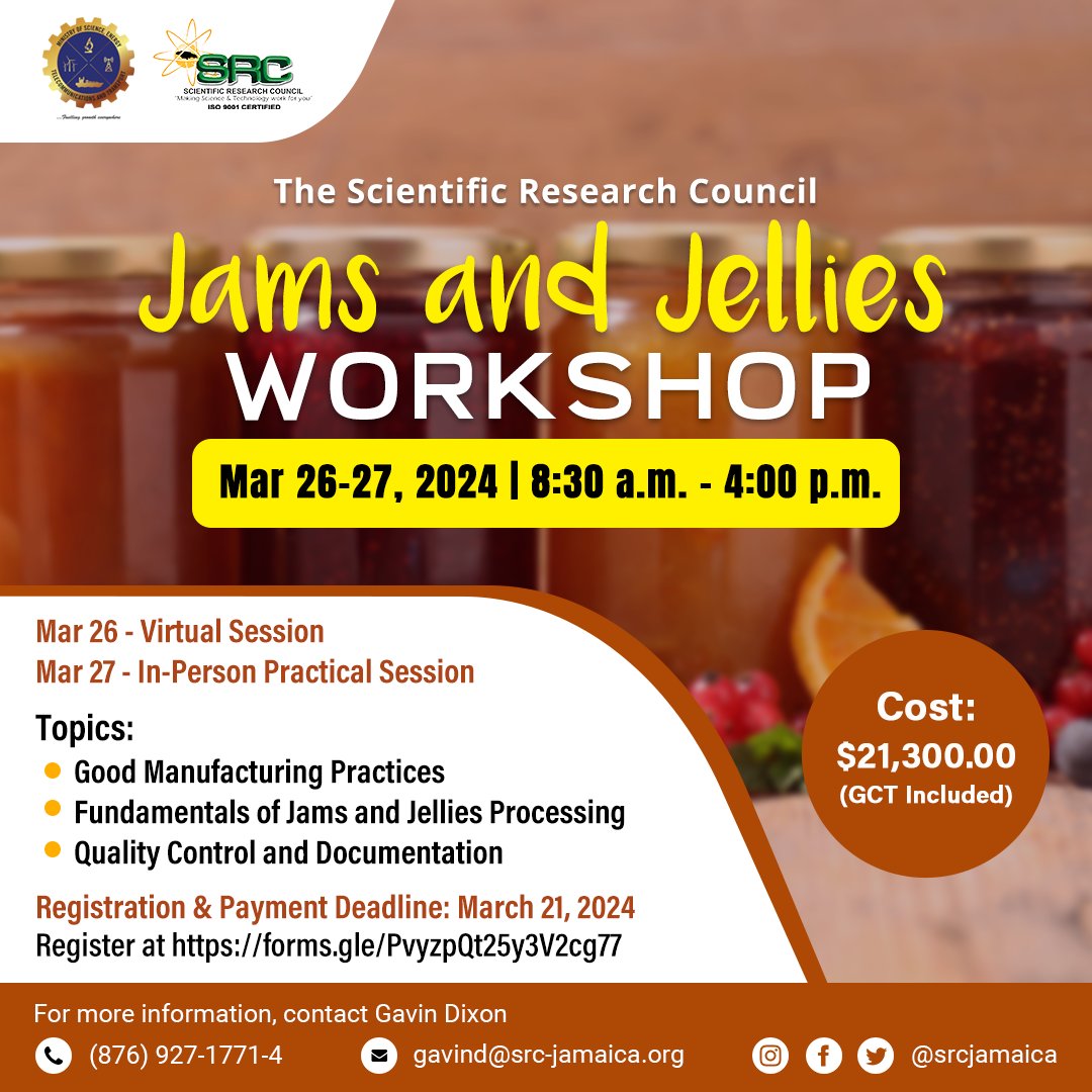 Our Jams, Jellies & Preserves workshop will be held on March 26-27, 2024. Click the link to register: forms.gle/PvyzpQt25y3V2c… #workshop #training #entrepreneurship #jams #jellies #productdevelopment #scienceandtechnology