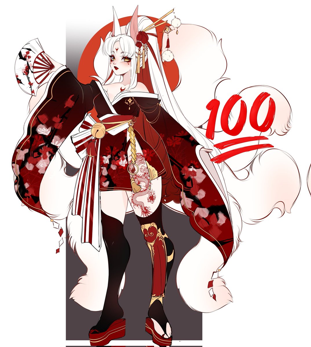 Rebthgin's tweet photo. CLASIC THEMED KITSUNE  ADOPT!! ❤️ OPEN!
Commercial use incluided + nude version
👹Option A: 240 usd flat sale + sticker chibi
👹Option B :390 usd + clean reference sheet (this same drawing, redrawn, lineart, colors and clear design and previews)

DM to claim ☺️ 
Open for Holds and paymend plans