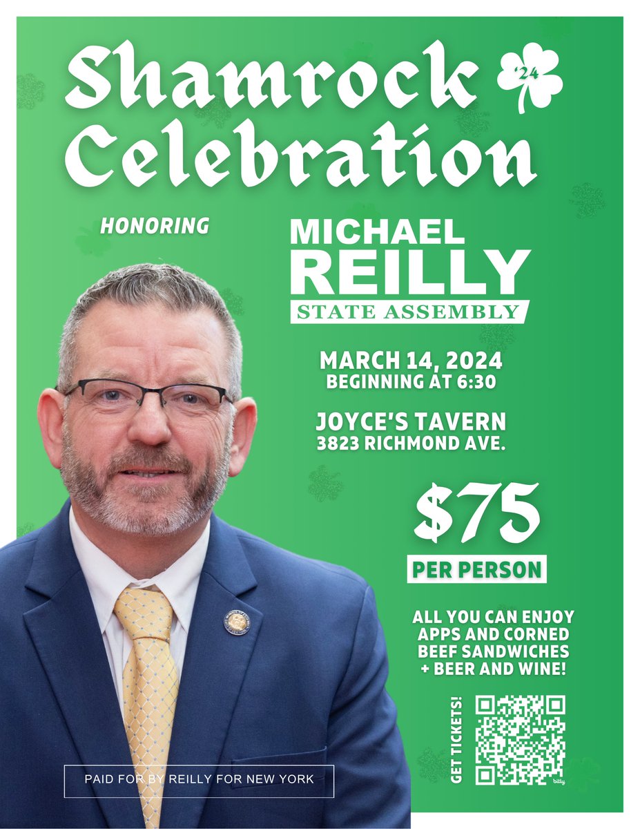 Friends — join me this Thursday, March 14, for my Shamrock Celebration ☘️ fundraiser at Joyce’s Tavern in Eltingville. $75 per person with all you can enjoy corned beef sandwiches and appetizers + beer and wine! Get your tickets online by visiting shorturl.at/gpqAH.