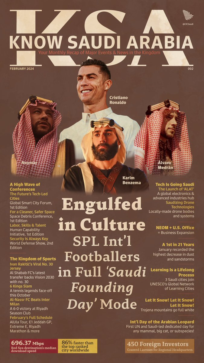 Copied and pasted
CC:
Technology is the sub-theme in February’s cover. #KnowSaudiArabia, in its 2nd issue, is festive and future-ready with its headlines.