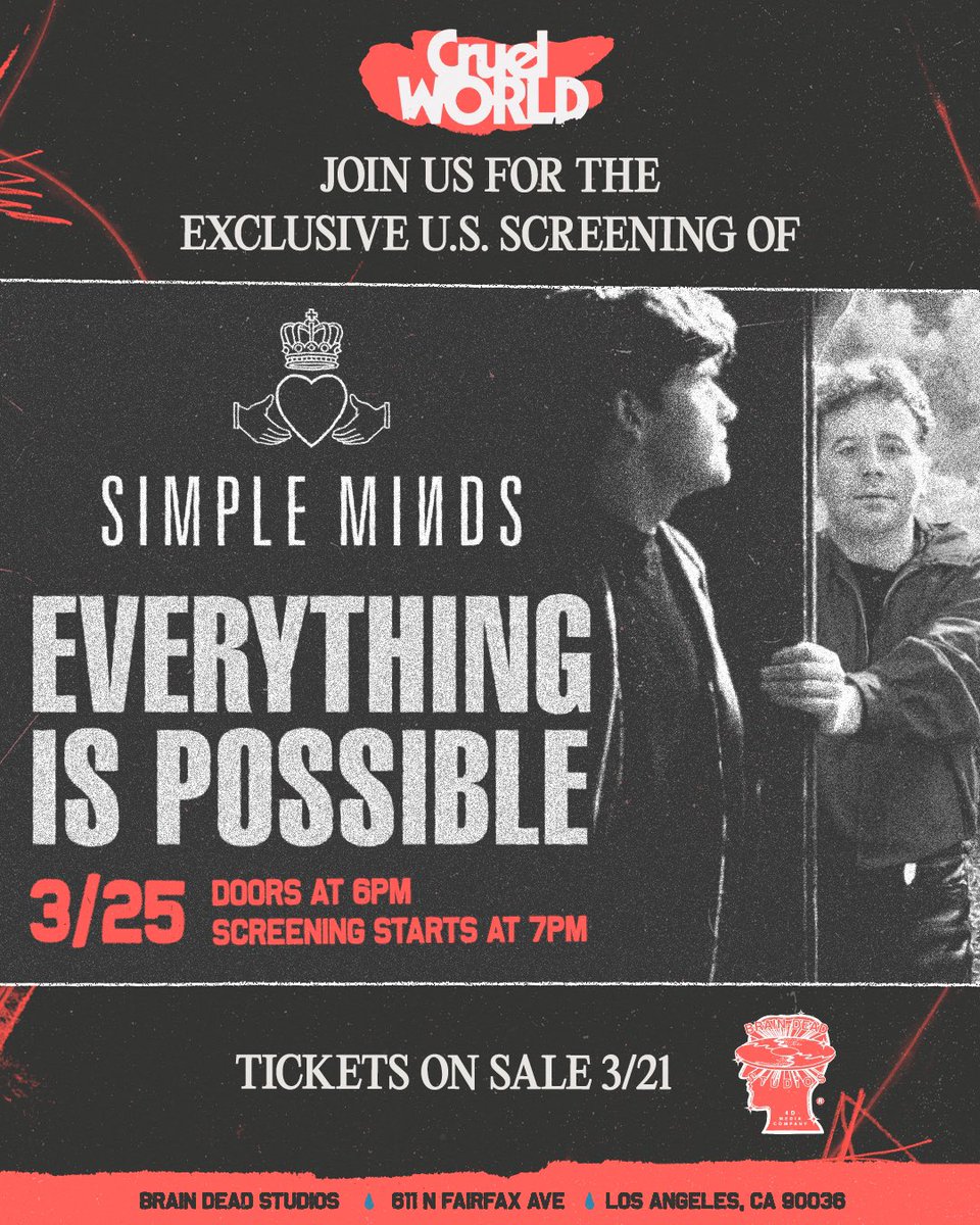 Join us at Brain Dead Studios for the exclusive U.S. screening of the Simple Mind’s ‘Everything is Possible’ documentary. Tickets are available to CW 2024 pass holders only and will be available Thurs, March 21 at 12PM PT… See you there 🥀🖤