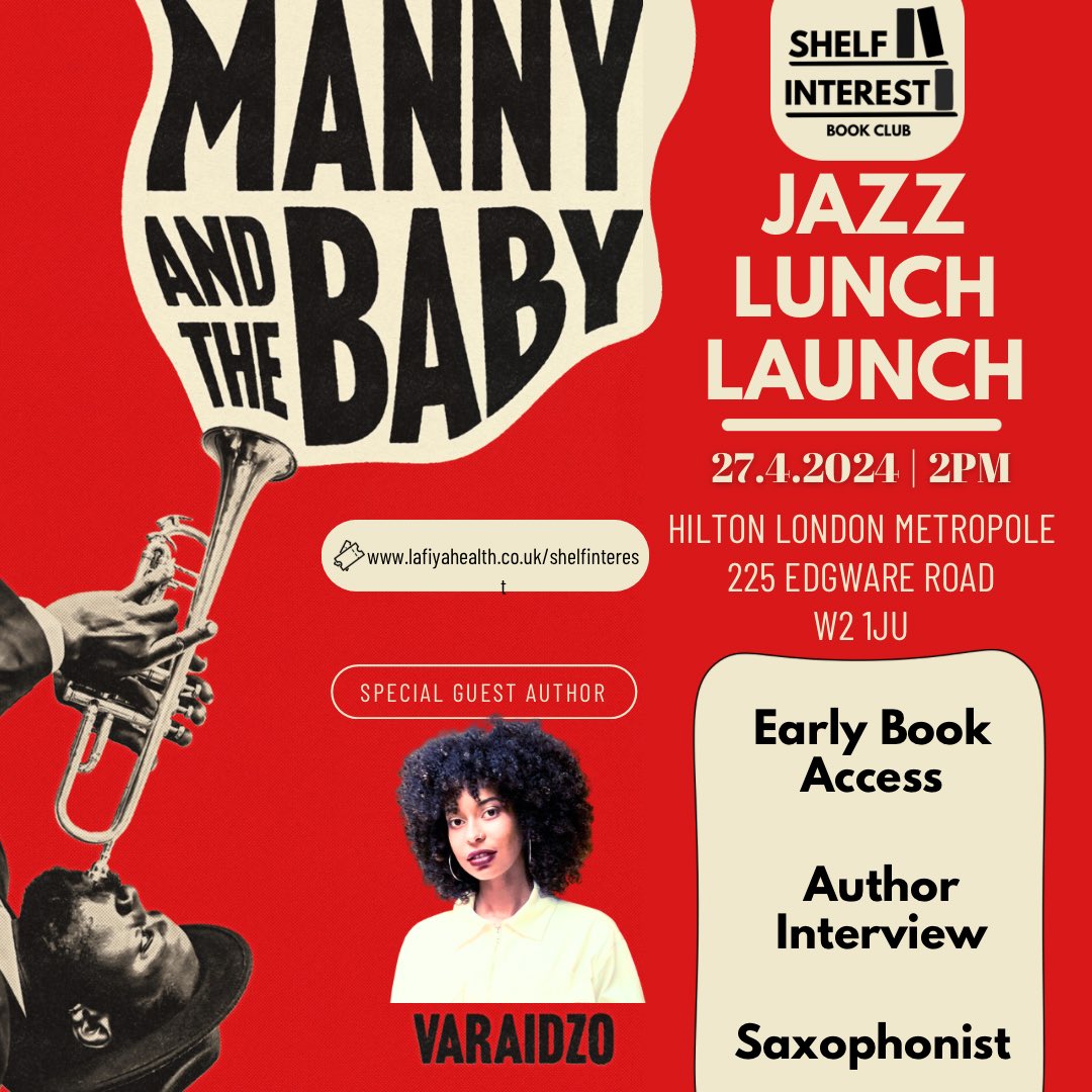 We’re having a Jazz Lunch Launch book club event, spotlighting <a href="/practicalmyth/">VARAIDZO</a> debut novel, Manny and The Baby! 🤩

🎺 Tickets include early access to Manny and The Baby before release date &amp; the chance to meet Varaidzo! 

Ticket Link: lafiyahealth.co.uk/event-details/…