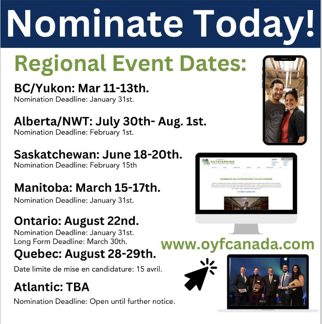 In honour of our BC/Yukon Regional Event starting today, get your nominations in for the rest of 2024! Canada’s Outstanding Young Farmers Program is designed to recognize young farmers who exemplify excellence in their profession.