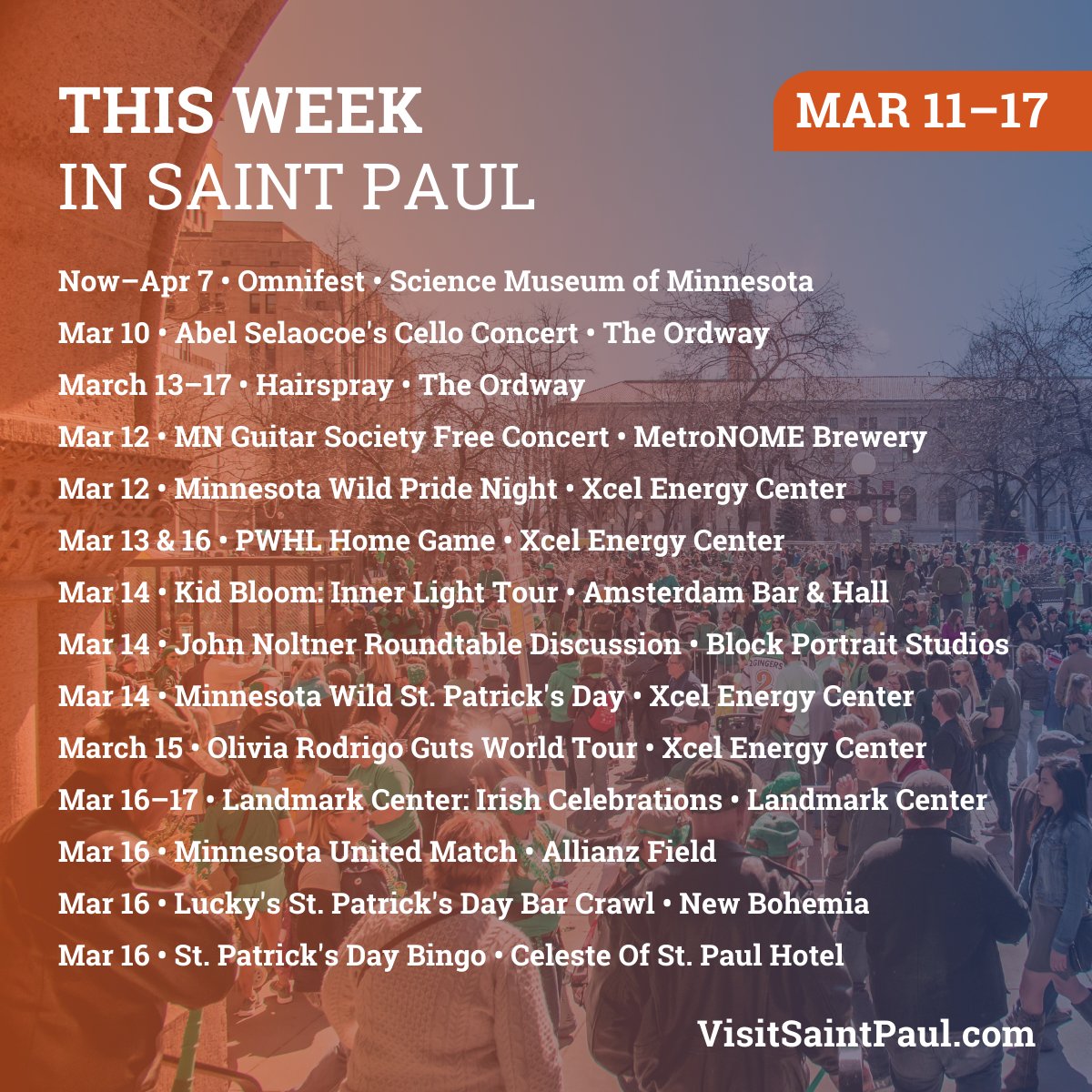 From musical performances to St. Patrick’s Day shenanigans, we’ve got a #MySaintPaul lineup that’s sure to fill your week! 🎵💚 Subscribe to our newsletters for updates on upcoming events and much more » bit.ly/3PbXSol #VisitSaintPaul #SaintPaul #SaintPaulMN #StPaul