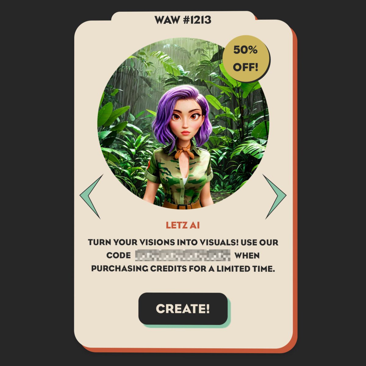 WomenandWeapons's tweet image. ✨New Member Portal Perk Alert✨

Our friends over at @letz_ai have given us a 50% discount for our community members on your first credit purchase. 

Letz is a badass new AI image generator where you can turn your visions into visuals. That&apos;s not all! 👇🏼