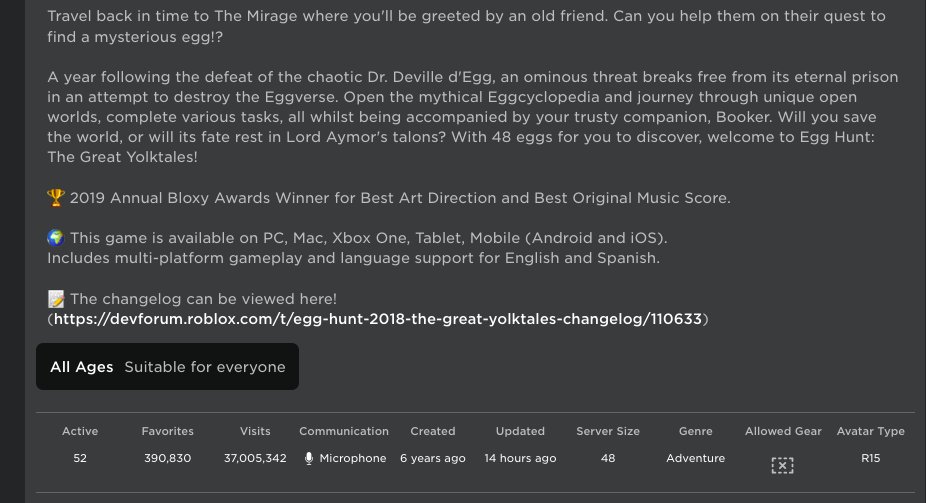 Roblox_Uptime's tweet image. 🔎 The Hunt: First Edition: 15.3.24
"Egg Hunt: The Great Yolktales" was updated recently plus a new place in the experience has been created. #Roblox