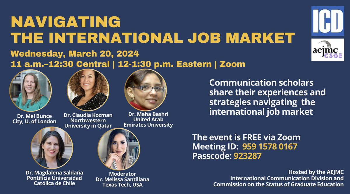 Navigating the International Job Market! Please join this remakable panel hosted by @ICD_AEJMC and @CSW_AEJMC on March 20