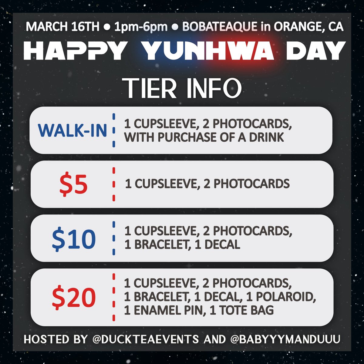 💙 YUNHWA CUPSLEEVE ❤️
Tier info!!

THIS IS THE WAY… to your bounty.

Bounty hunters, have you completed your mission yet? If not, here’s a list of riches that await you. Time is running out! What are you waiting for? Mission ends on March 13th!