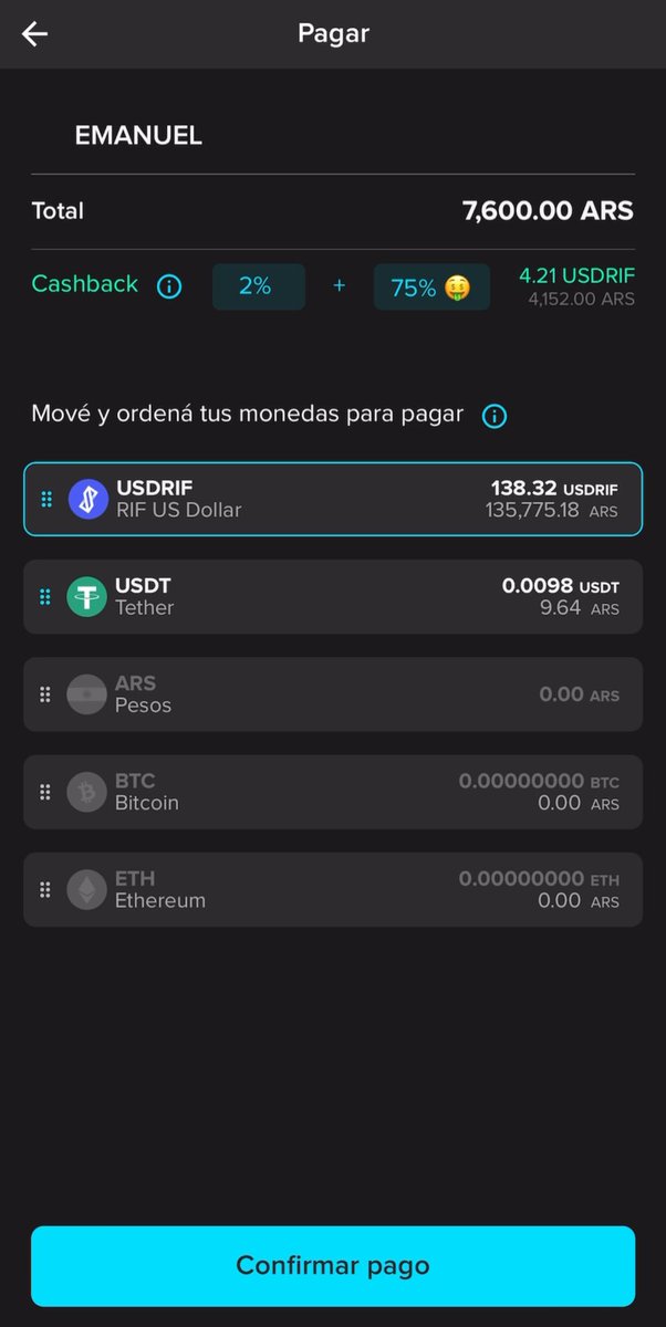 🤑🤑 Aprovechando el 75% de CASHBACK, pagando con USDRIF de @RIFtechnology desde la App de @DECRYPTO_la 

Viviendo en crypto en Argentina 🇦🇷😎