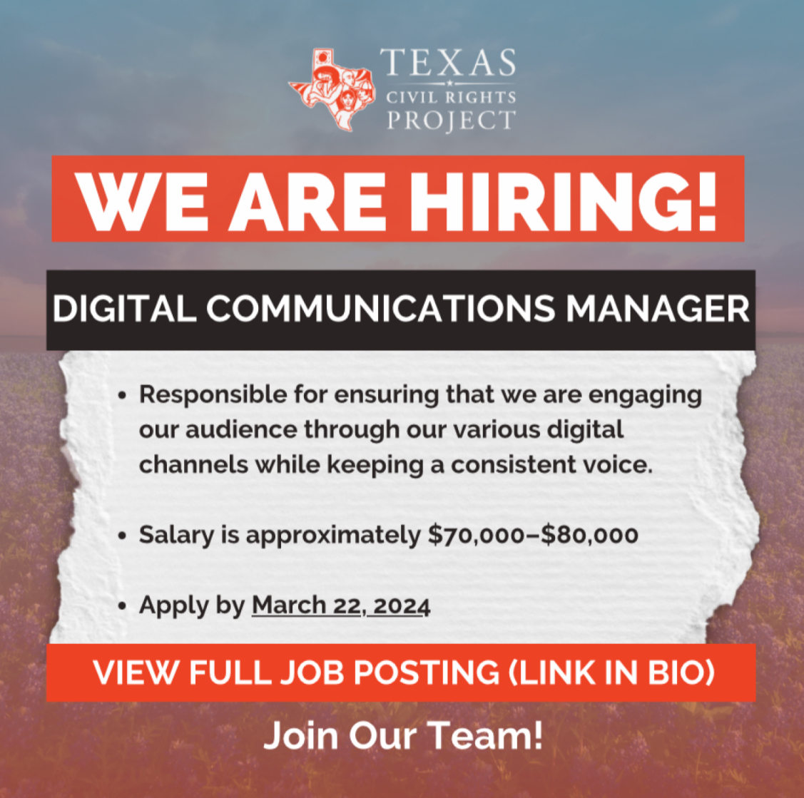TXCivilRights's tweet photo. Do you have a passion for justice and love for all things online? Apply to join our team as our Digital Communications Manager: https://t.co/WLBIRtyrB6 https://t.co/E9Ml8AO04d