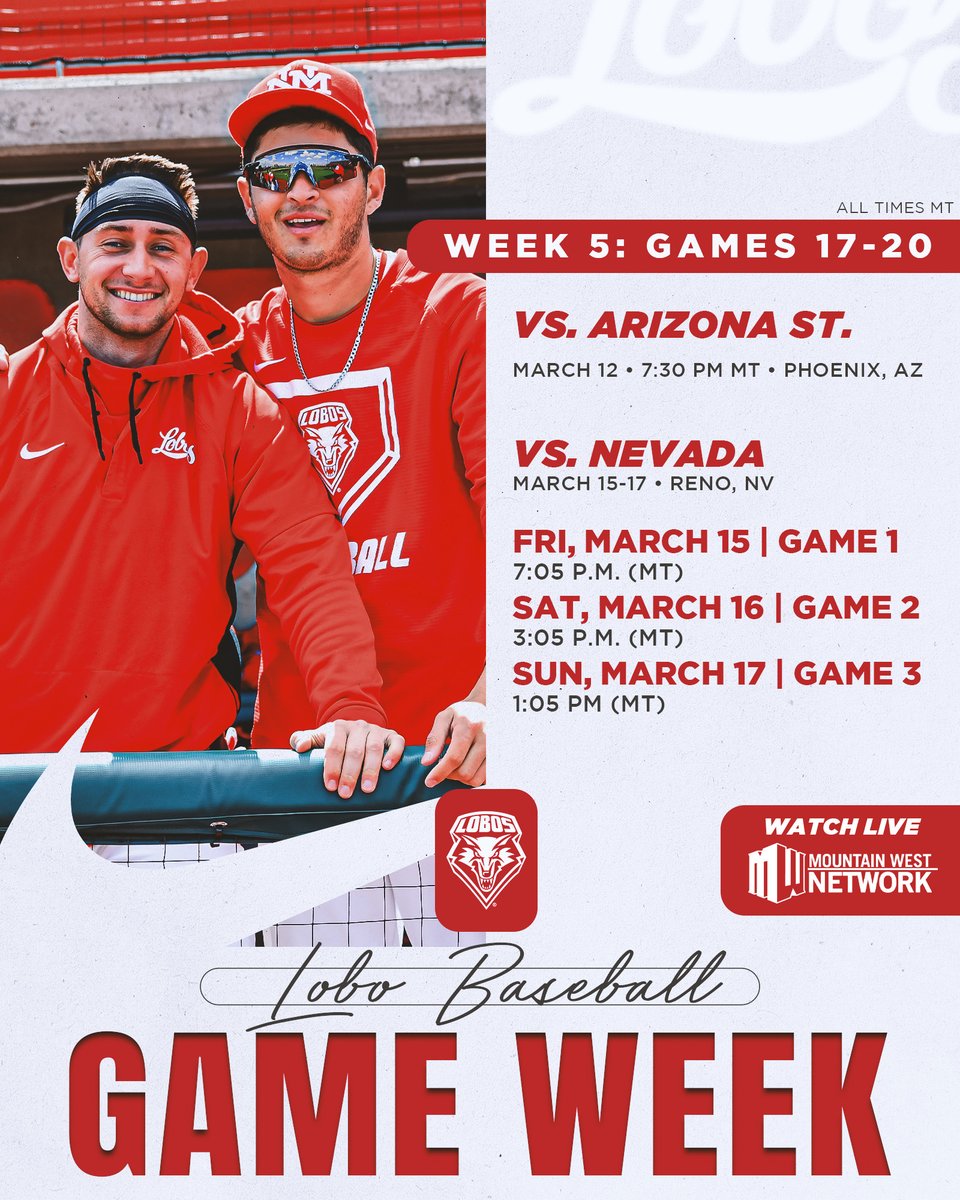With a 12-game homestand in the rear view mirror, Lobos hit the road for four matchups this week!

🆚Arizona State (Phoenix, AZ)
🗓️March 12
🆚Nevada (Reno, NV)
🗓️March 15-17
📺Pac-12 Network, MW Network
🗒️Preview: t.ly/Jxqav

#GoLobos