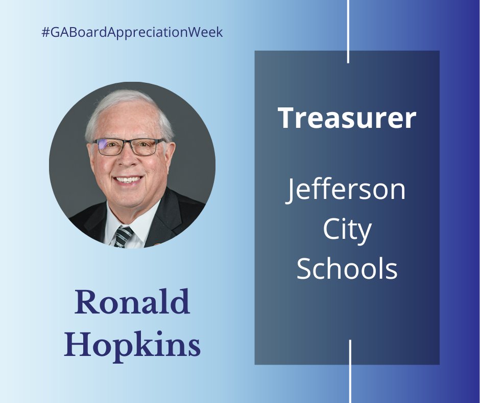 gsbacomm's tweet photo. Ronald Hopkins is Treasurer on the GSBA Board of Directors. He is a two-time GSBA past president and he has served on the Jefferson City Board of Education since 1979. Thank you for your service in public education over the years! #GABoardAppreciationWeek #SupportPublicEducation https://t.co/mvgHWZ8n3D