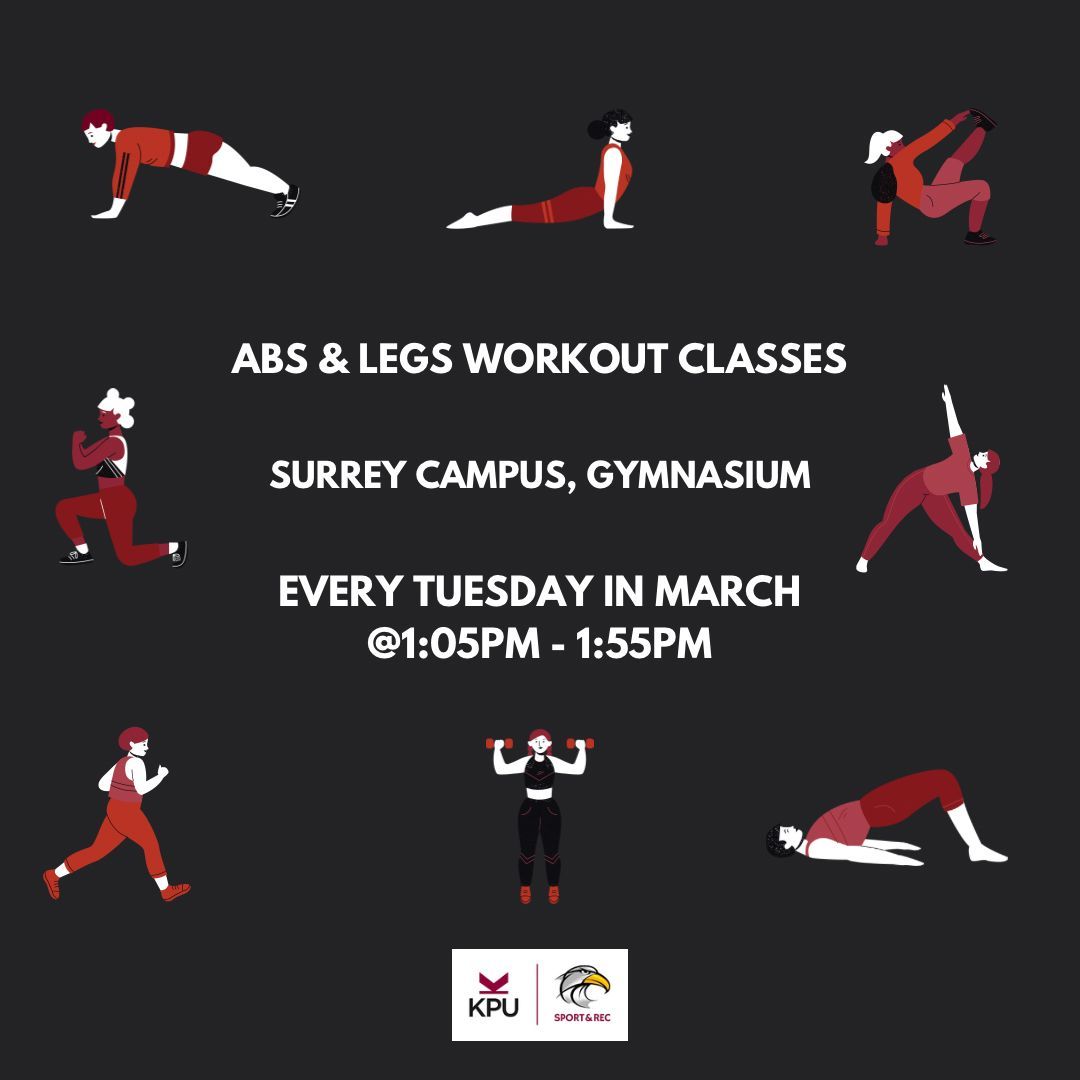 🏋️‍♀️ Elevate your fitness game! Join our Abs &amp; Legs classes every Tuesday in March from 1:05pm-1:55pm at the Surrey Campus Gymnasium. 💪 Flex passes available at the Sport &amp; Recreation Front Desk. Let's sculpt those abs and tone those legs together!