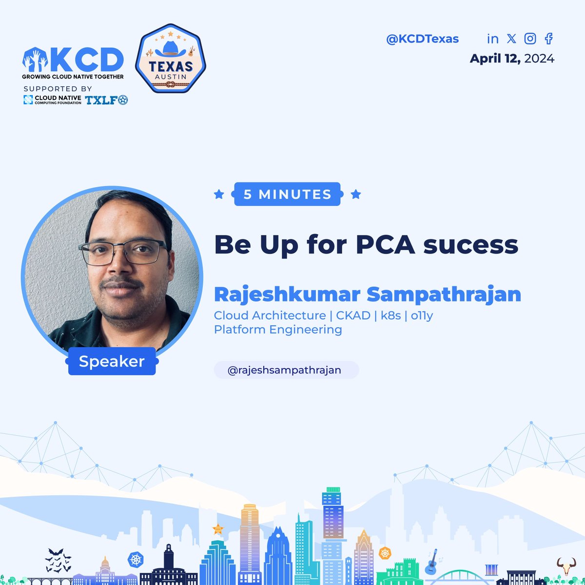 🚀 Join Rajeshkumar Sampathrajan, Engineering Manager, to dive into 'Be Up for PCA Success' at KCD Texas! 🌟 🔗 texaskcd.com #KCDAustin #OpenSource #KCDTexas #CNCF