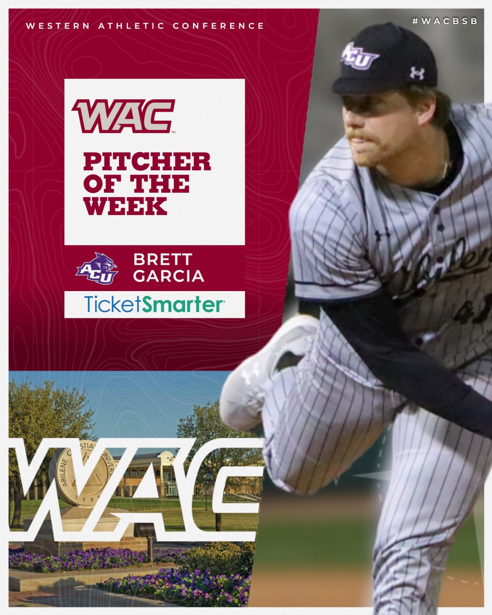 ⚾️ #WACbsb PITCHER OF THE WEEK presented by @TicketSmarter Brett Garcia | @ACU_Baseball ✅ 5.1 scoreless innings ✅ 10 Ks 📰: tinyurl.com/35jwx93x #OneWAC