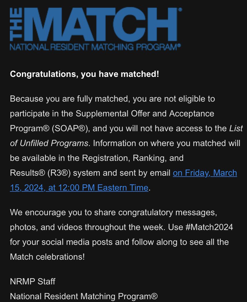 To everybody who didn’t match today, the difference between these two emails is one year. Not matching today is not the end of your dreams. There is still SOAP &amp; scramble and even after that, there are a bunch of things you can do. The important thing is that you don’t give up!!