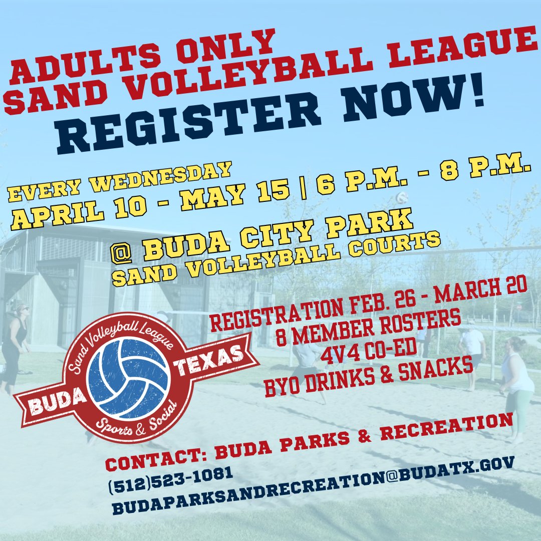 CityofBudaTX's tweet photo. Buda Parks and Recreation sand volleyball and cornhole adult leagues have returned!
Register your team by March 20 to participate.
Link to register: https://t.co/xrpKkmxqwQ
#BudaTX #BudaFun https://t.co/oFE3d3rWzm
