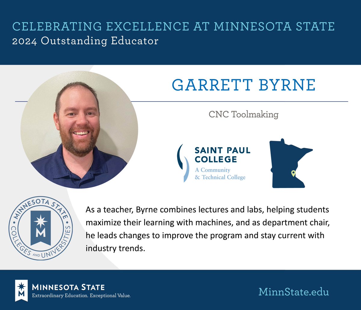 MinnStateASA's tweet photo. Garrett Byrne from @StPaulCollege was named as an Outstanding Educator at the 2024 Board of Trustees Awards. Congratulations! See more at https://t.co/NKqr7BNTxH. #MinnStateBOTawards https://t.co/bNxagnzAsI