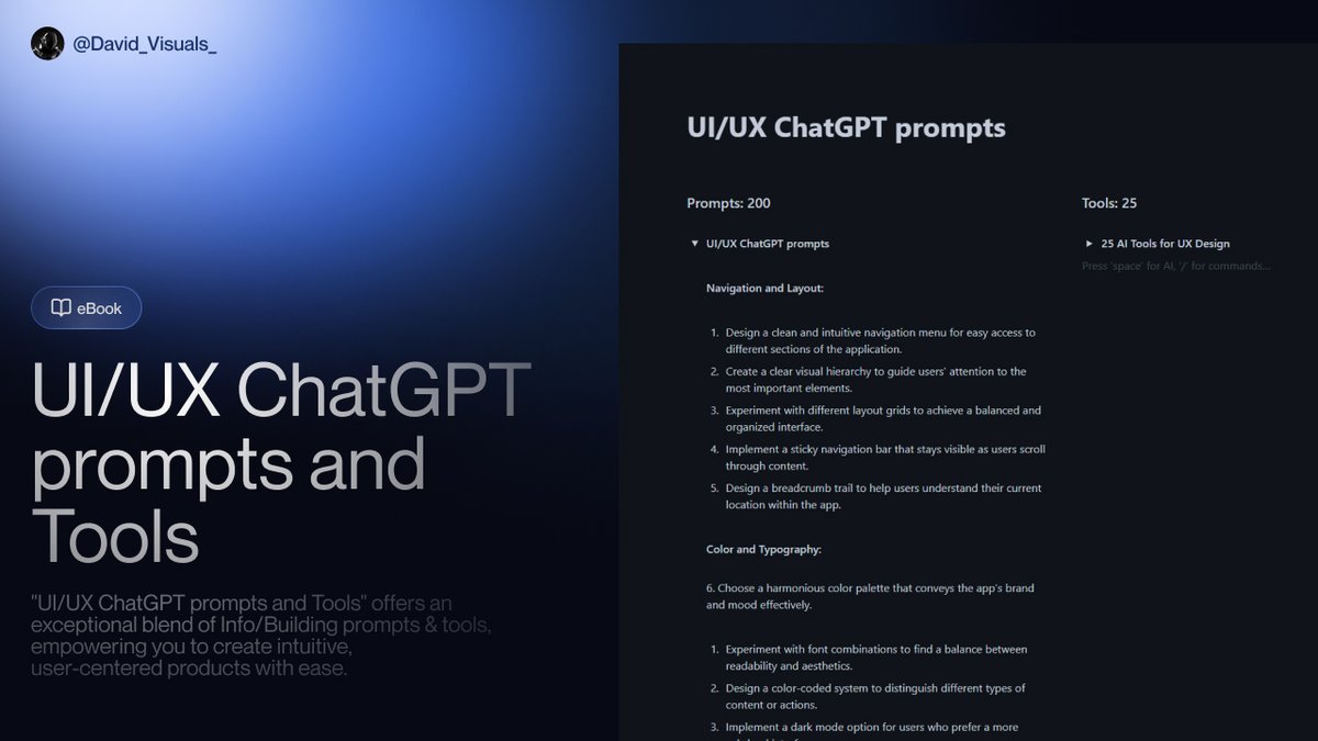 ChatGPT is a FREE UX designer. Most people overlook this. So I pre-made 200 prompts to help you get better at UI/UX. And for the next 24 hrs, It's FREE of charge! To get it, simply: • Like • Retweet • Reply 'FREE' • Follow me (so I can DM you)