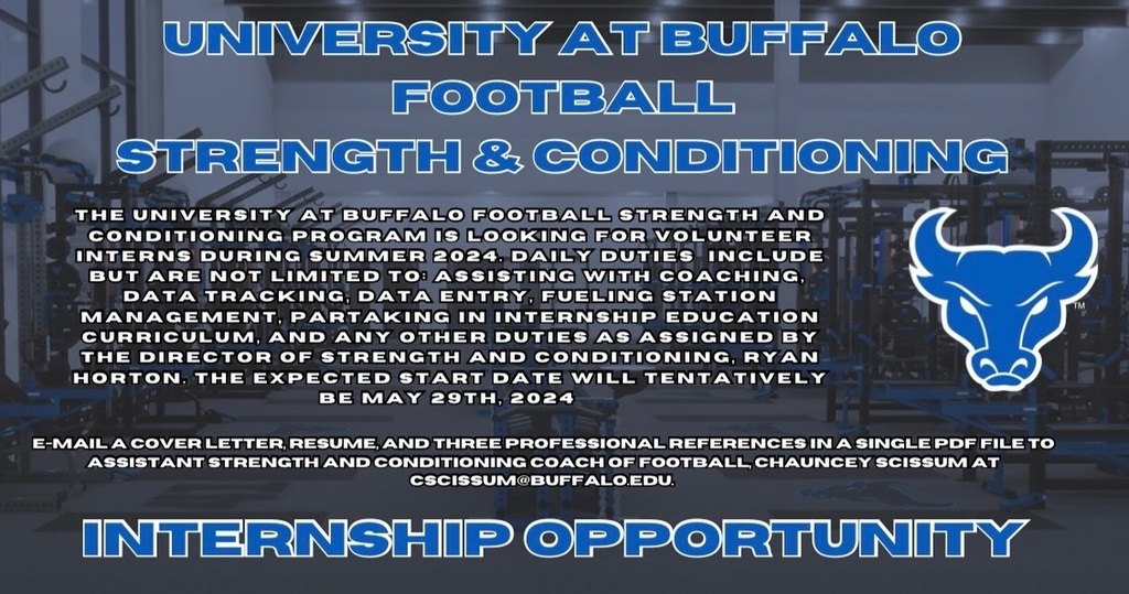 **Volunteer Internship Opportunity: University at Buffalo Football Strength and Conditioning** The University at Buffalo Football Strength and Conditioning program is seeking volunteer interns for Summer 2024. Gain hands-on experience in a Division I se… instagr.am/p/C4Y2YexPdDJ/