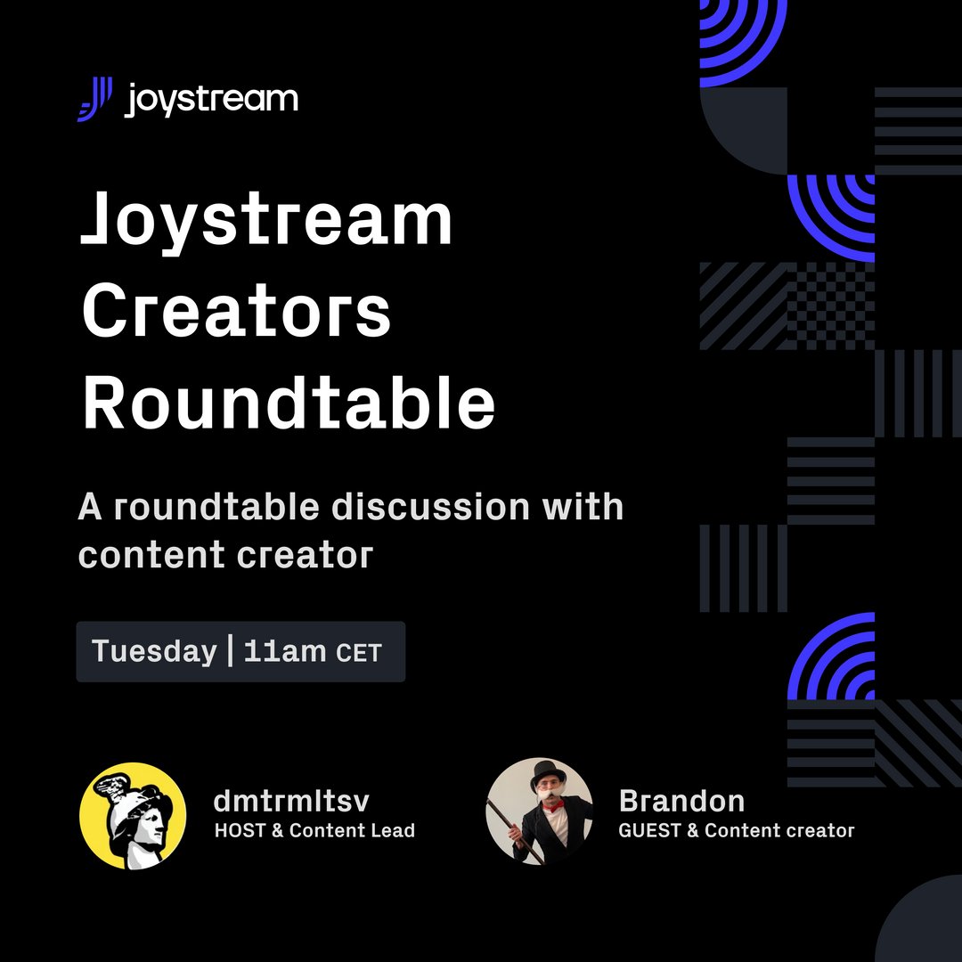 Join us for an event featuring a content creator sharing their journey and expertise with Joystream, covering: 🎥 Creator experiences 🤝 Community engagement 💰 Monetization 📈 Upcoming developments 𝐖𝐡𝐞𝐧: Tuesday | 11am CET 𝐖𝐡𝐞𝐫𝐞: discord.com/events/8112164…