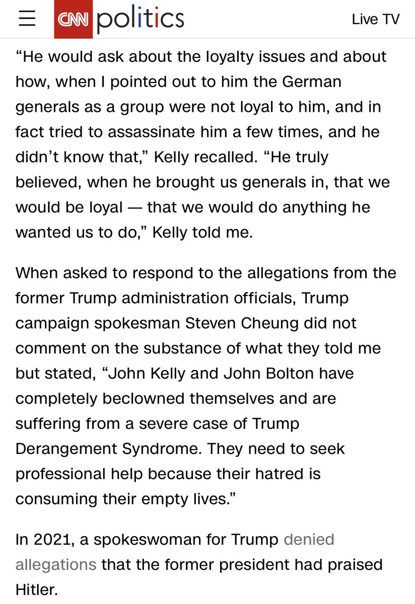 AhmedBaba_'s tweet photo. Trump’s former Chief of Staff John Kelly went on the record to @CNN discussing Trump’s praise of Hitler.

Trump allegedly said “Hitler did some good things” &amp; praised how Hitler garnered loyalty.

In a sane reality, this report would end Trump’s Campaign.
https://t.co/YktJTTYKRq https://t.co/oNhOmyAOht