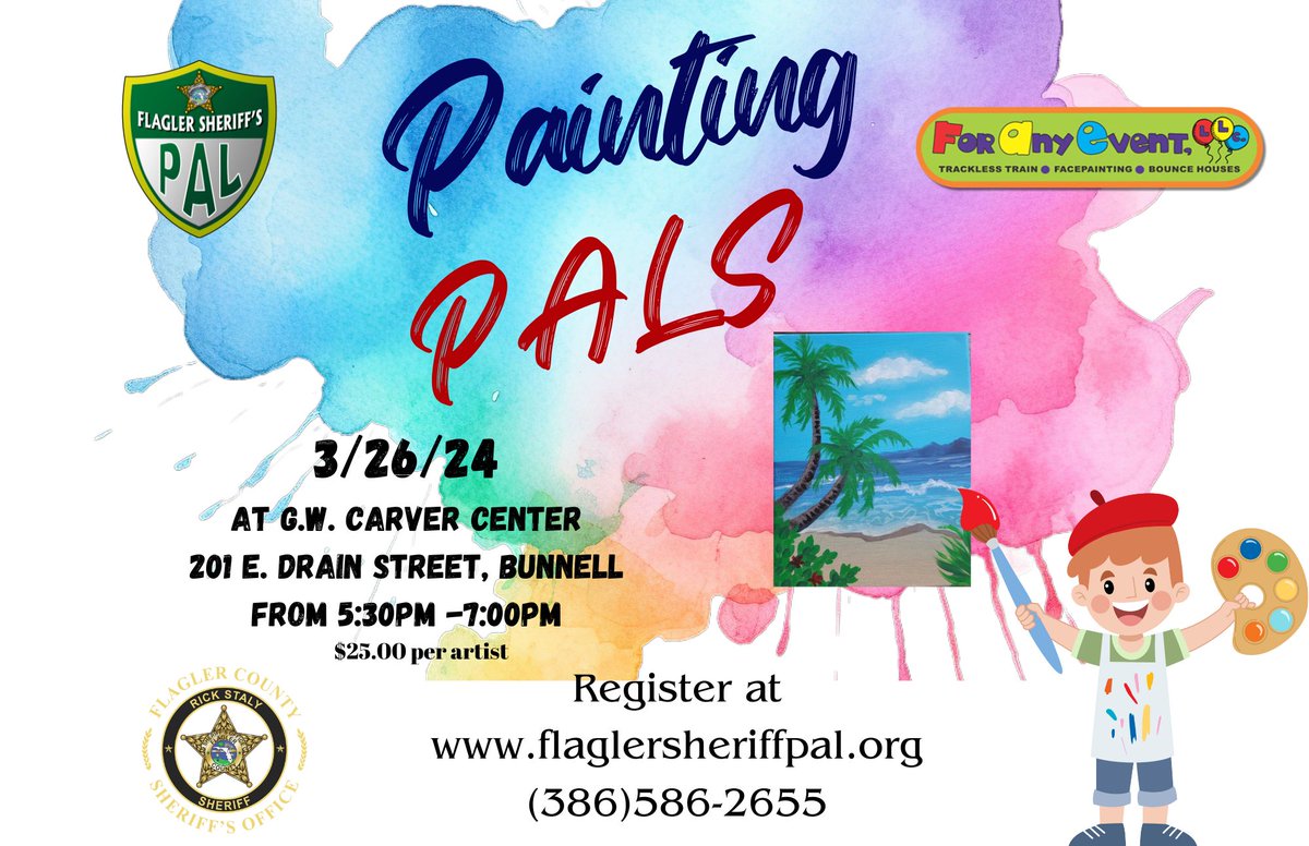 We are now open for registration for Painting Pals @GWCarverTigers! Join us on March 26th from 5:30-7:00pm. Register at flaglersheriffpal.org