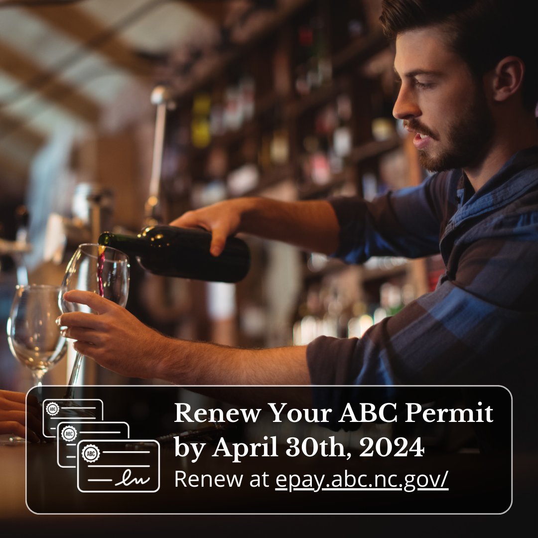 Attention NCRLA members: Renew your ABC permit by April 30th to avoid revocation! Questions? Contact NC ABC at Permits@abc.nc.gov. Access the ABC Permit Renewal & Registration Portal at epay.abc.nc.gov