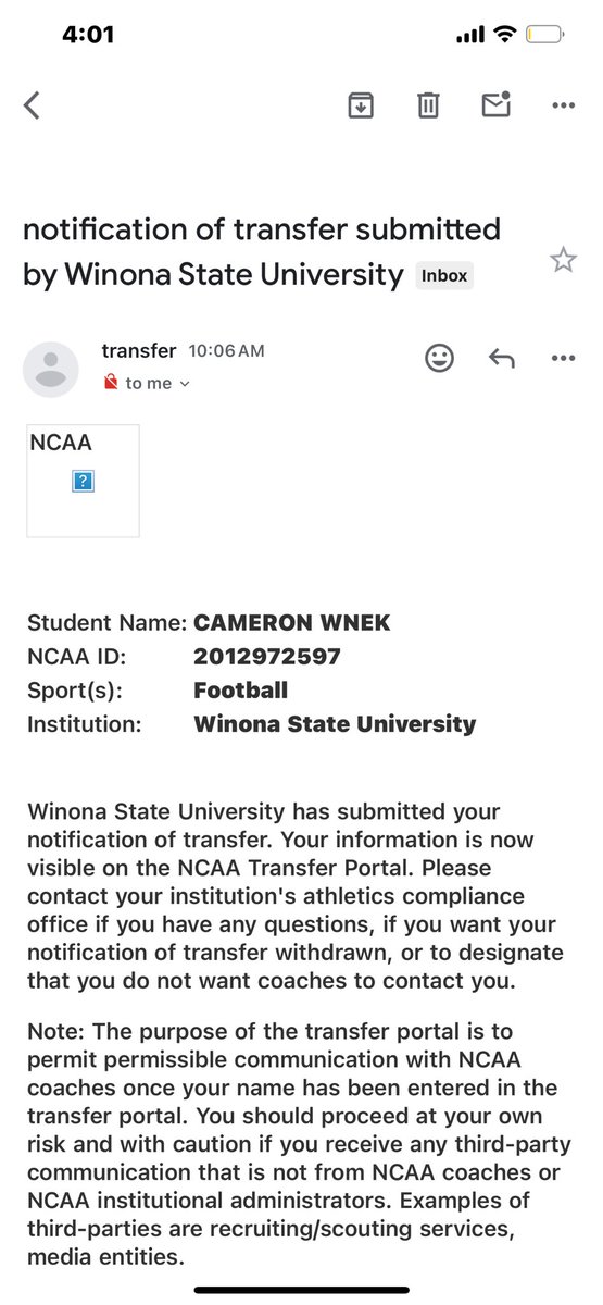 Thank you Winona State. Officially in the transfer portal. 3 years of eligibility remaining. Open to any and all opportunities!