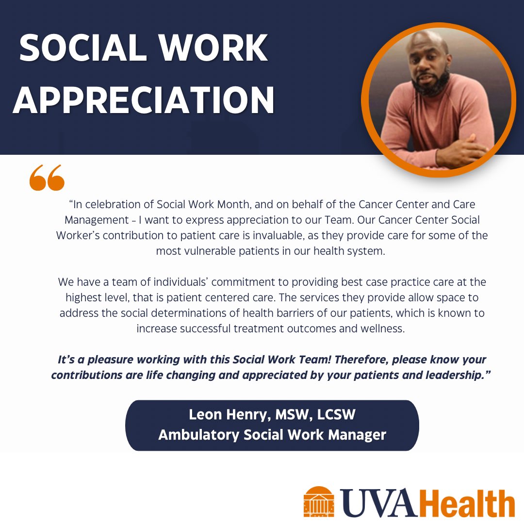Happy Social Work Month! From all of us at the UVA Cancer Center, we want to say a big thank you to our social workers for their empathy, compassion, kindness, and unwavering support of our patients and their caregivers.