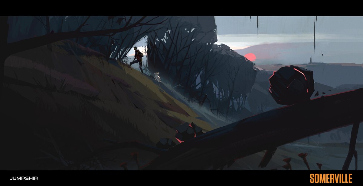 GainDeveloper's tweet photo. A short breakdown on how we did the terrain for #Somerville! Joining the project in 2020, I worked to developed a solution to efficiently match the style seen in the concept art by @_Calader. Let's take this field section found early in the first act. 1/? https://t.co/KKxTiC6PAO