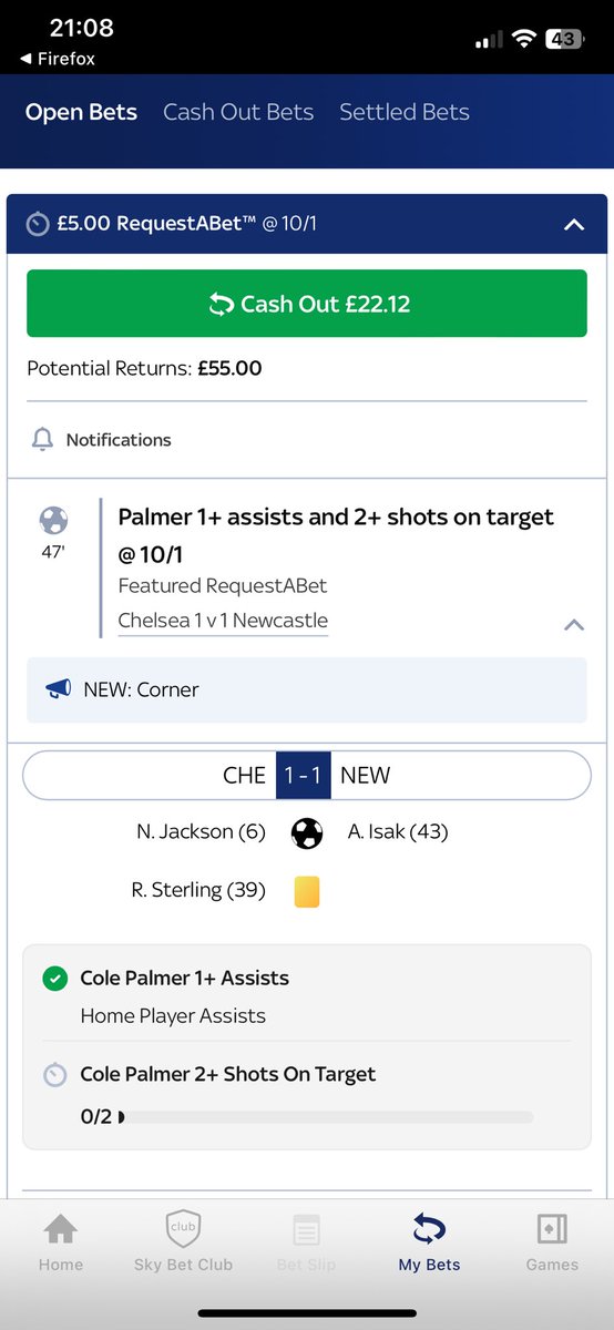 Azz1005's tweet photo. @SkyBetHelp  any reason why Palmers 1 Shot on target is not showing ? https://t.co/PNc13JJ67F