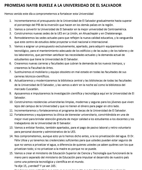 antoasb's tweet photo. Esto es lo que Bukele llegó a prometer a la UES cuando estaba en campaña.

Ahora la UES está sufriendo una crisis económica sin precedentes, el Gob le adeuda $52 millones, han tenido que suspender varios programas y están a punto de que les corten el agua, luz e internet. https://t.co/8ASm3WxGsz