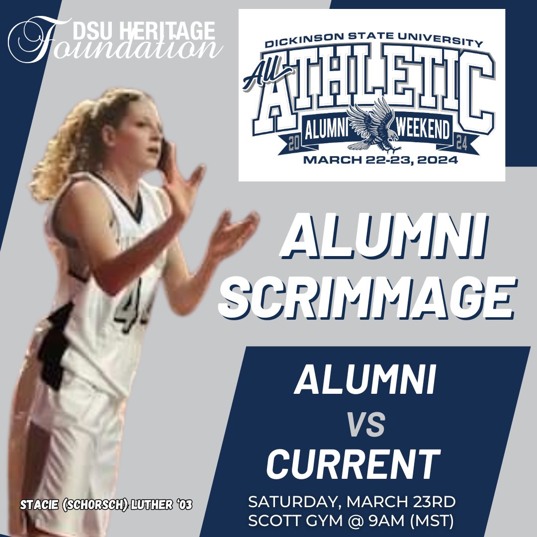 ❕❕ATTENTION WOMEN'S BASKETBALL ALUM🩵🦅

Join <a href="/BlueHawkWBB/">Dickinson State WBB</a> for an ALUMNI SCRIMMAGE during our Athletic Alumni Weekend on March 23rd @ 9AM in Scott Gym

LINK to register: dsualum.org/e/all-athletic…

Contact Kierra at kierra.schneider@dickinsonstate.edu questions.

#ForeverABlueHawk