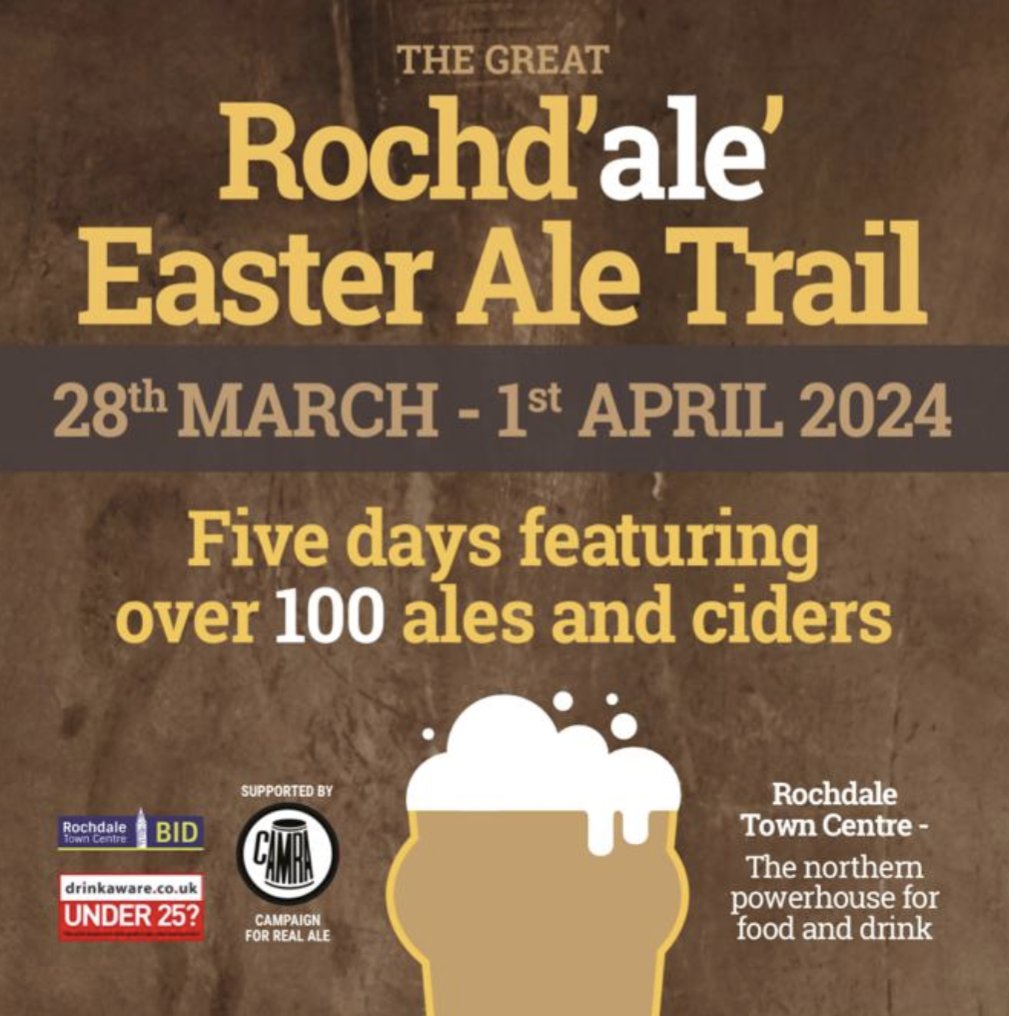 The Rochd'ale' Easter Ale Trail is back this Easter weekend! #Rochdale #rochdaletowncentre #RochdaleBID The event is proudly supported by @CAMRA_ROB