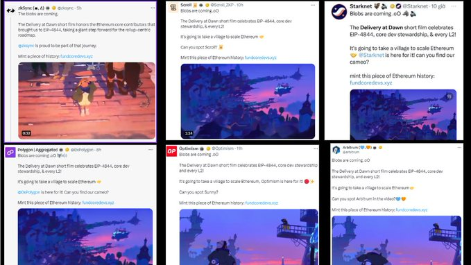 Các L2 Zksync, Scroll, PolygonZkEVM, Optimism, Starknet, Arbitrum đều shill NFT kỉ niệm Delivery at Dawn cho EIP-4844:

✅Thời hạn mint 20 ngày.

✅Giá mint 0.0048ETH ~ 20$.

✅Link mint Delivery at Dawn:
zora.co/collect/zora:0…

✅Nếu thấy đắt AE có thể mint NFT 11:11